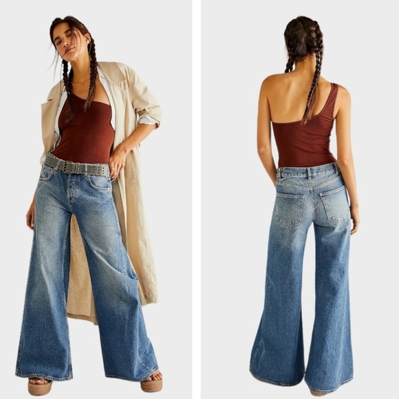 Free People Denim - Free People Lovefool Low Rise Blue Jade Wide Leg Button Fly Jean SZ 30 OB1402055